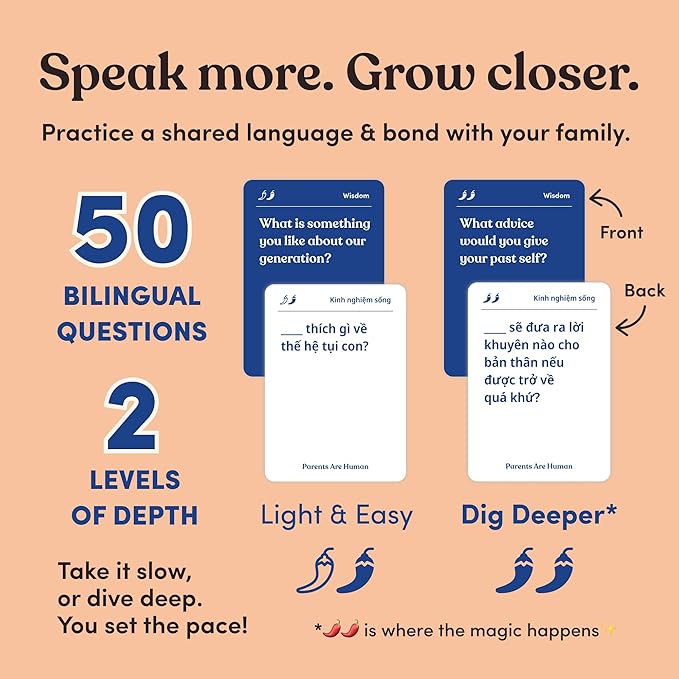 Parents Are Human, Relationship Cards, Get to Know Each Other Better, Parents, Families, Teens & Kids Relationship Building, Light & Deep Questions, 70 Questions & Activity Cards, English + Vietnamese