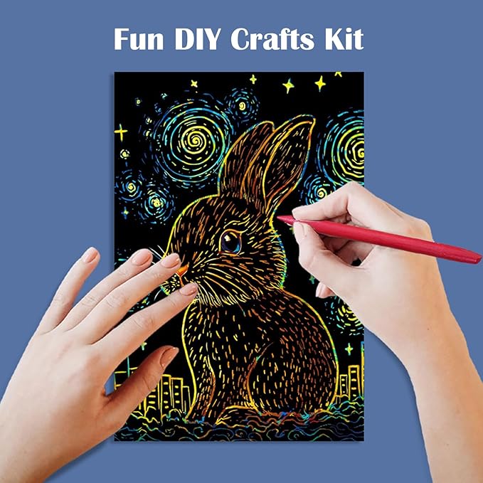 Georgie Porgy Scratch Paper Art Set for Kids Adults Magic Rainbow Scratchboards for DIY Arts and Crafts Kits Christmas Birthday Gift with Scratching Tools Kit (A5-Noctilucent Animals + Racing Cars)