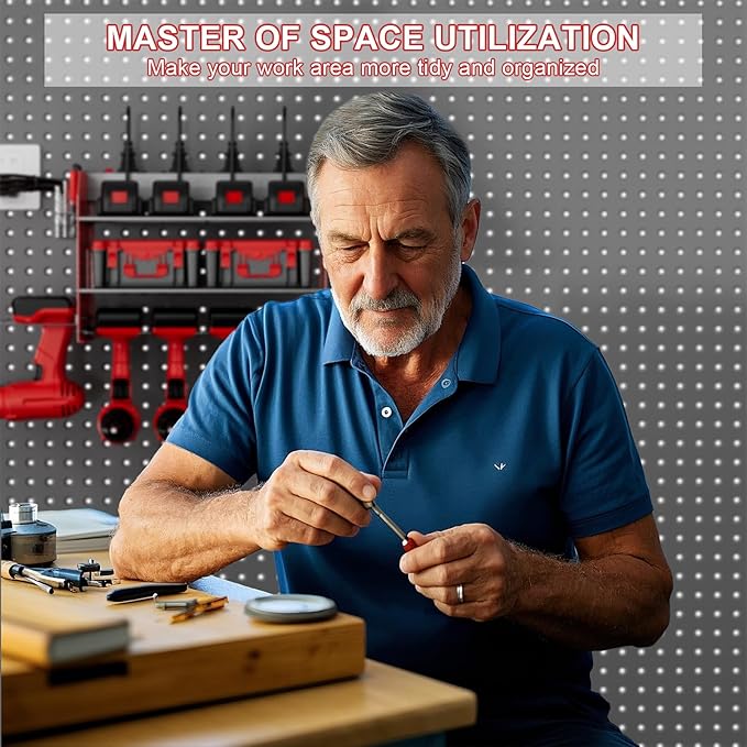 Power Tool Organizer with Charging Station, 6 Drill Holder Wall Mount, 3 Layer Garage Tool Organizer with Hooks, Screwdriver, Drill Bit Rack, Heavy Duty Utility Shelf for Garage, Gifts for Men