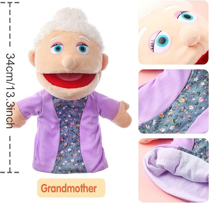 1 Pcs Family Hand Puppets 12 Inch Grandparents, Mom & Dad, Brother & Sister Plush Hand Puppet Toys Role-Play Toy Puppets for Kids Storytelling Imaginative Pretend Play Teaching Preschool(Grandmother)