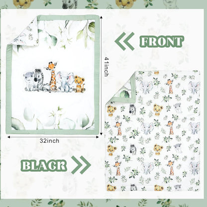 3 Pcs Baby Crib Bedding Set Safari Animals Dinosaurs Bear Woodland Animals Jungle Crib Set Includes Quilt, Fitted Sheet, Skirt for Baby Boy Girl(Light Blue,Safari)