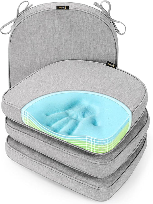 SUNROX Gel Memory Foam Chair Cushions, FadeShield Water-, Stain-Resistant Durable Reversible Seat Cushion Pads with Ties for Indoor/Outdoor Kitchen Dining Office, 19"x19", Set of 4, Heather Grey