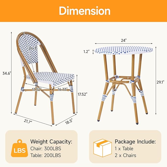 3 Piece French Wicker Bistro Set, Patio Bistro Set with Table and 2 Dining Chairs, All Weather ‎Outdoor ‎Bistro Set with Aluminum Frame, Outdoor Patio Set for Patio Porch Cafes Yard, Navy and White