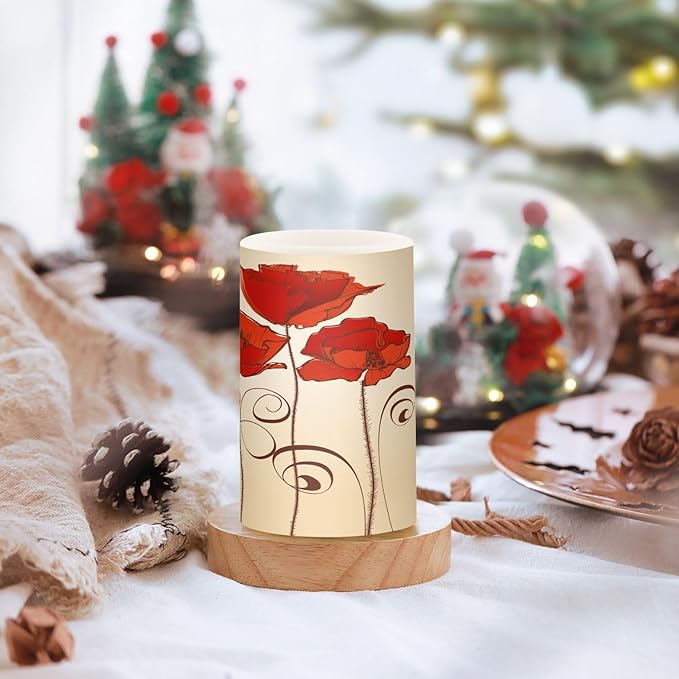 Flickering Flameless Candles, Red Poppy Flowers Retro LED Candles with Remote Timer, Set of 2 Battery Operated Candle for Valentine Wedding Birthday