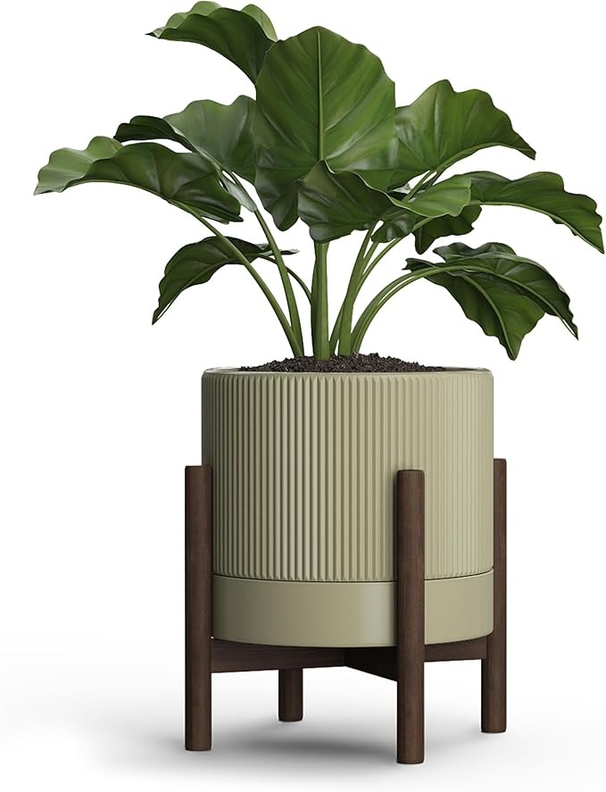 Ceramic Planter Pots Indoor with Drainage Hole & Saucer,Including Stand,7.3 Inch Mid-Century Modern Cylinder Plant Pot for Snake Flower Leaf Khaki