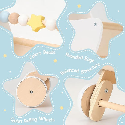 Wooden Baby Walker & Doll Stroller – Adjustable Handle Push Cart, Anti‑Tip, Quiet Wheels, Pretend Shopping Cart – Montessori Wooden Walker for Babies , Doll Stroller for Toddlers 12m+