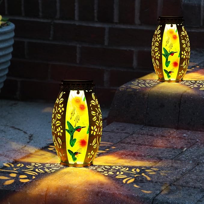 Hummingbird Solar Lanterns Outdoor Waterproof,Stained Glass & Metal Solar Lantern,Hanging Solar Lantern with Hollowed-Out Design,Hummingbird Tabletop Lamp Solar Lights for Yard Garden Patio