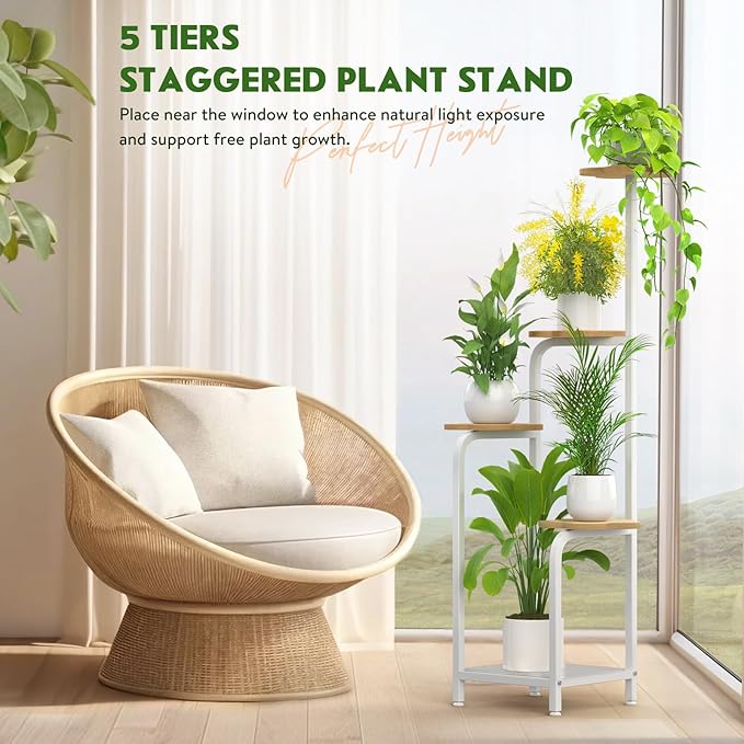 TOSKING 5 Tier Plant Stand Indoor 48''H Tall ,Heavy Duty Plant Shelf , Corner Shelf Flower Pot Stand for Outdoor Plant Stand for Living Room Balcony Garden Patio Bedroom (White and Wood)