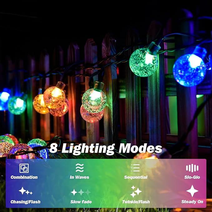 Solar Lights Outdoor Waterproof, 2 Pack Total 120LED 72FT Solar String Lights for Outside w/ 8 Modes, Outdoor String Lights Crystal Globe Patio Lights for Garden Yard Party Decor (Multicolor)
