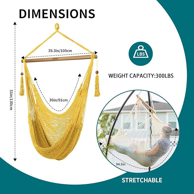 JoyView Hammock Chair with Spreader Bar Caribbean Hammock Swing Chair 300 LBS Weight Capacity XL Rope Hanging Chair for Outdoor Indoor Garden Yard - Yellow