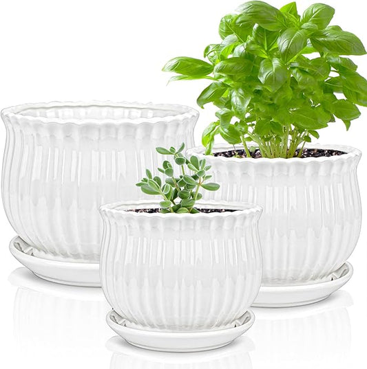 Yesland Ceramic Flower Plant Pots with Saucer, Set of 3 in Different Sizes, Modern Round Ceramic Succulent Planter Pots with White Stripe Texture for Garden