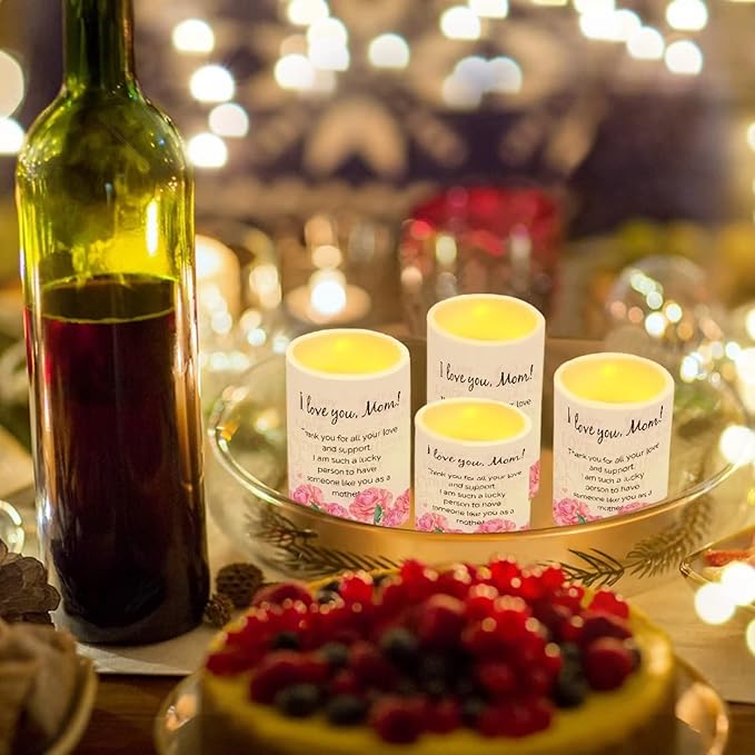 Mother's Day Flameless LED Battery Candles 4PCS Pillar Candles with 18-Key Timer Remote Colorful Light for Party Ornaments, I Love You Mom, Letter to Mother with Rose Print Candles Decor