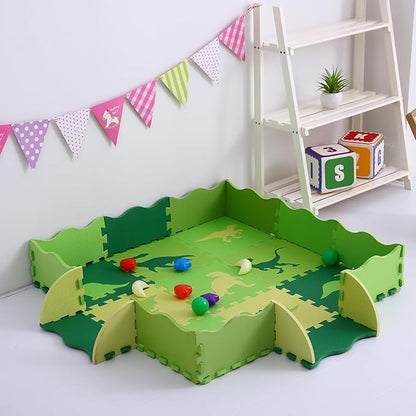 Foam Play Mat for Kids，25Pcs Square Interlocking Puzzle Floor Mat，Baby Play Mat Floor Mat Foam Puzzle Playmat for Toddlers with Fence - Green Dinosaurs
