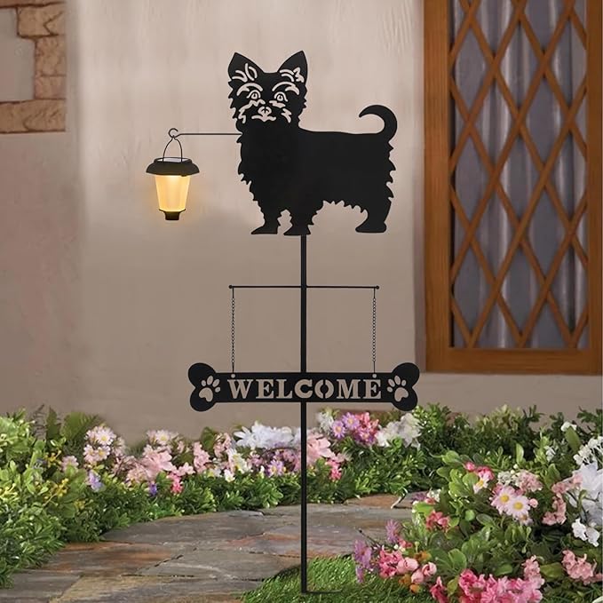 BAYN Solar Yorkie Silhouette Dog Breed Welcome Sign with a Lantern Outdoor Decorative Garden Stakes for Yard, Lawn, Patio, Pathway