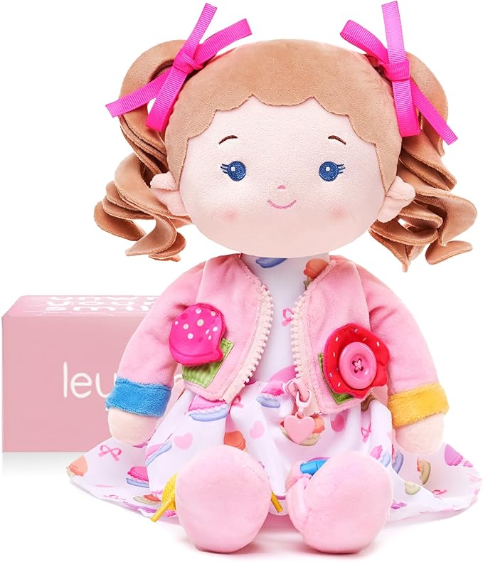LeyaDoll Soft Bady Educational Soft Baby Doll(16''), Learning Sensory Doll for Toddlers, Montessori Toys for 2-Year-Old Girls Christmas, Birthday Gifts, Plush Doll with Button-Busy Cupcake-Girl