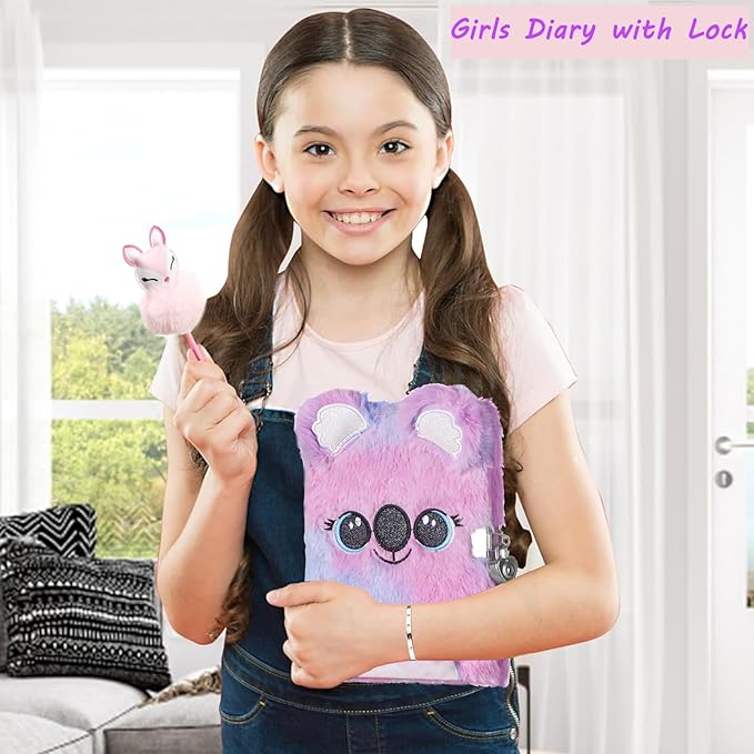 Girls Diary with Lock,Journal for Kids with Bookmarks Sticky Notes Pom Pom Pen Notebook for Writing and Drawing 160 Lined Pages Diary for Girls ages 6-8