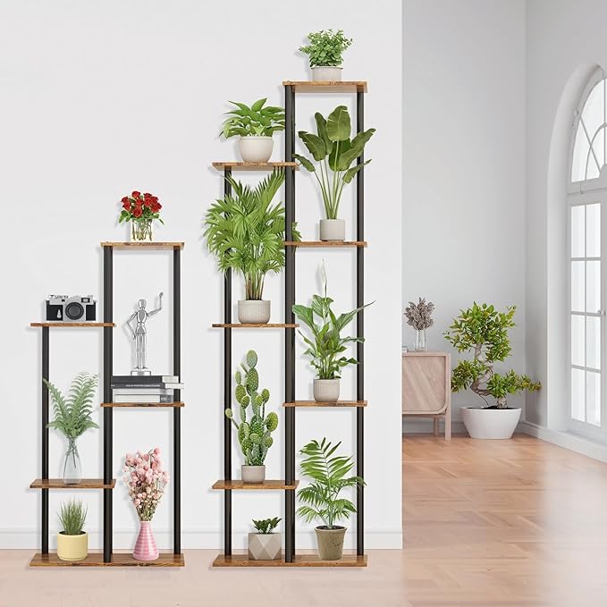 Plant Stand Indoor 5 Tier 6 Potted Metal Wood Plant Shelf, Multiple Flower Pots Corner Tall Plant Holder Stands for Living Room Balcony Bedroom, Rustic Brown
