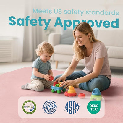 Baby Play Mat for Floor,1.3" Thick Elasti-Foam 50"×50" Playpen Mat for Tummy Time,Water Repellent Soft Coral Velvet for Toddler,Infant,Kids,Non-Slip Backing Safe for Crawling(Pink)
