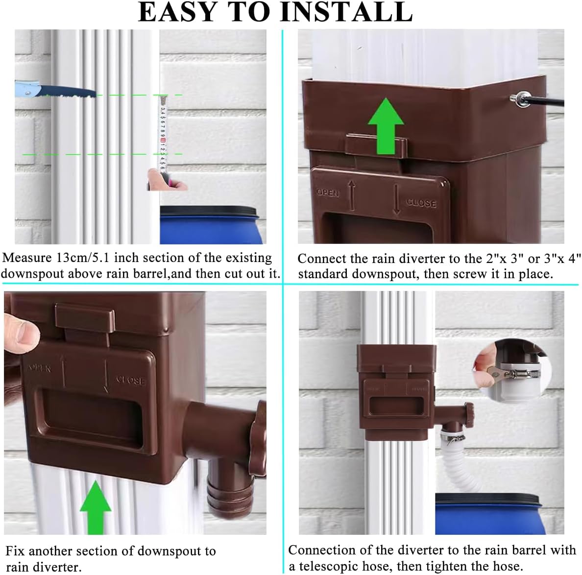 Rain Barrel Diverter Kit, Downspout Diverter Fits for 2x3 or 3x4 Inch Gutter Downspouts, Rainwater Collection System with Adjustable Valve and Filter - Brown