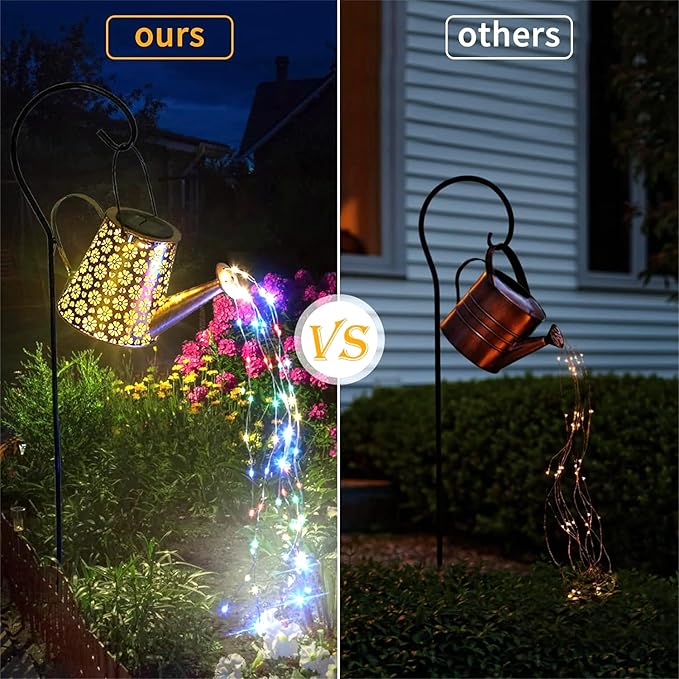 2 Pack Solar Watering Can Lights with Shepherd Hook, 8 Multi-Color Changing Modes, IP65 Waterproof, 60pcs String Lights for Outdoor Garden Pathway Lawn Patio Deck Walkway Courtyard