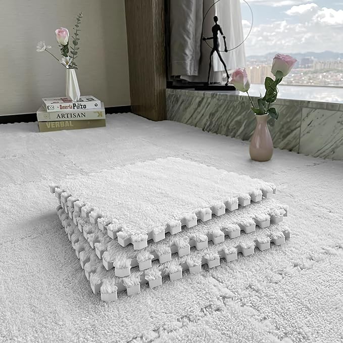 16pcs 0.6" Thickened Interlocking Tile Mats,Fluffy Shaggy Soft EVA Foam Area Rug for Living Room & Bedroom,Non-Slip Protective Floor Carpet Play Mat Kids Baby Dorm Home Decor (11.8ft, White)
