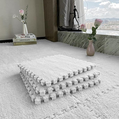 16pcs 0.6" Thickened Interlocking Tile Mats,Fluffy Shaggy Soft EVA Foam Area Rug for Living Room & Bedroom,Non-Slip Protective Floor Carpet Play Mat Kids Baby Dorm Home Decor (11.8ft, White)