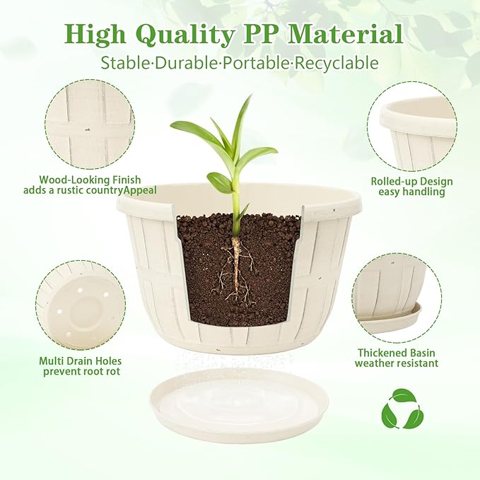 Quarut 12 Inch Large Planter Pot for Plants Indoor Outdoor, 4 Pack Plastic Flower Pots with Drainage Hole & Tray, Modern Decorative Garden Pot with Saucer, Plant Container for House（Beige）