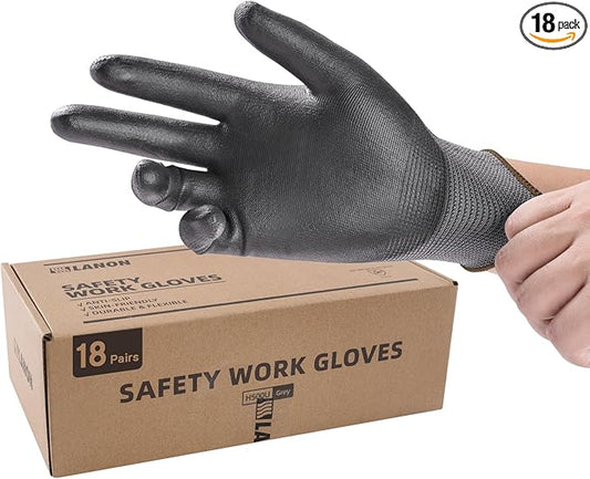 LANON 18 Pairs Safety Work Gloves, Mechanic Working Gloves for Men,Breathable PU Coated, Seamless Knit,Double Wash, Grey, Large