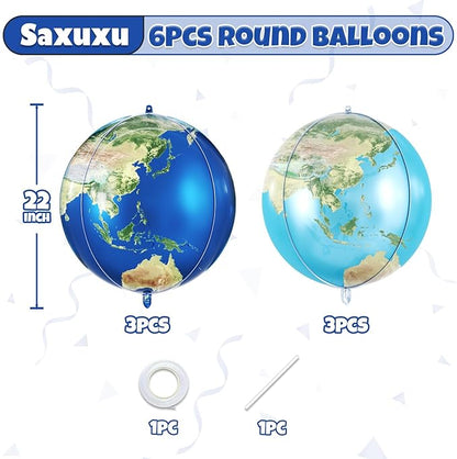 6 Pcs Globe Earth Balloons, 22 Inch Big World Map Foil Balloons, Planet Large Round Sphere Balloon for Travel Adventure Earth Day Birthday Party Decorations