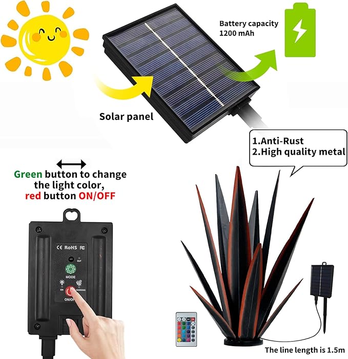 Large Tequila Rustic Sculpture, Rustic Metal Agave Plants for Outdoor Patio Yard, Home Decor Hand Painted Metal Agave Garden Yard Statue, Outdoor Lawn Ornaments (Black - L (W/Solar Light))