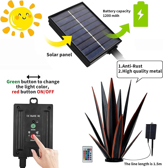 Large Tequila Rustic Sculpture, Rustic Metal Agave Plants for Outdoor Patio Yard, Home Decor Hand Painted Metal Agave Garden Yard Statue, Outdoor Lawn Ornaments (Blue - L (W/Solar Light))