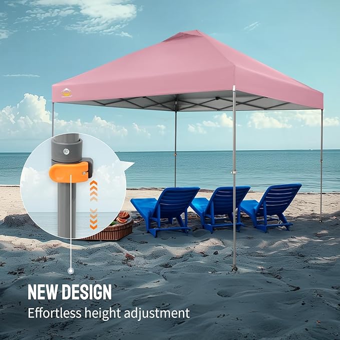 CROWN SHADES Adjustable Height on The Fly, 10x10 Pop Up Canopy - Beach Tent with One Push Setup - Easy Outdoor Sun Shade for Events, Parties, Camping - Outside Shade with STO-N-Go Bag, Pink
