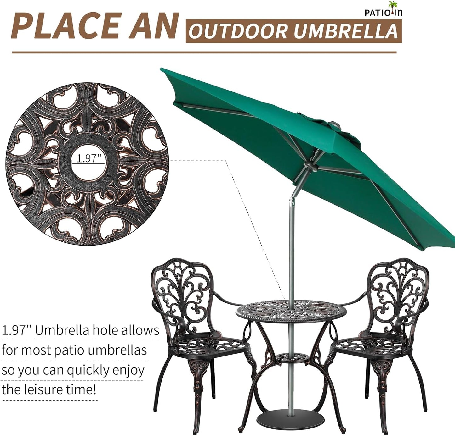 Outdoor Bistro Set 3 Piece, Patio Bistro Set, Cast Aluminum Bistro Set, Patio Table Set with 1.97" Umbrella Hole for Yard, Deck, Front Porch
