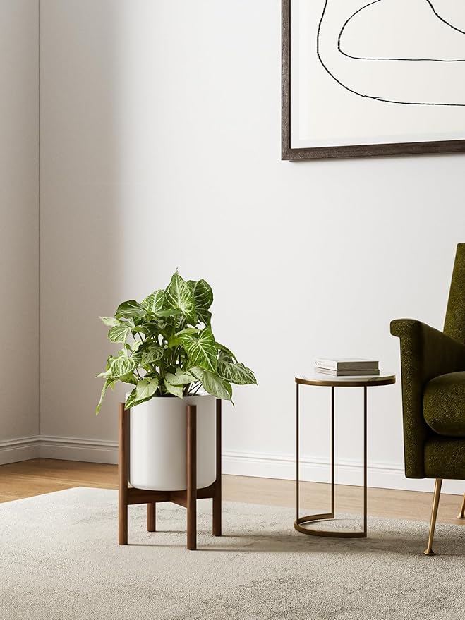 LE TAUCI 10 Inch Planter with Acacia Wood Stand, Ceramic Planter for Indoor Plants with Adjustable Plant Holder, Mid-Century Modern Home Decor, Round Flower Pots with Drainage Hole, White