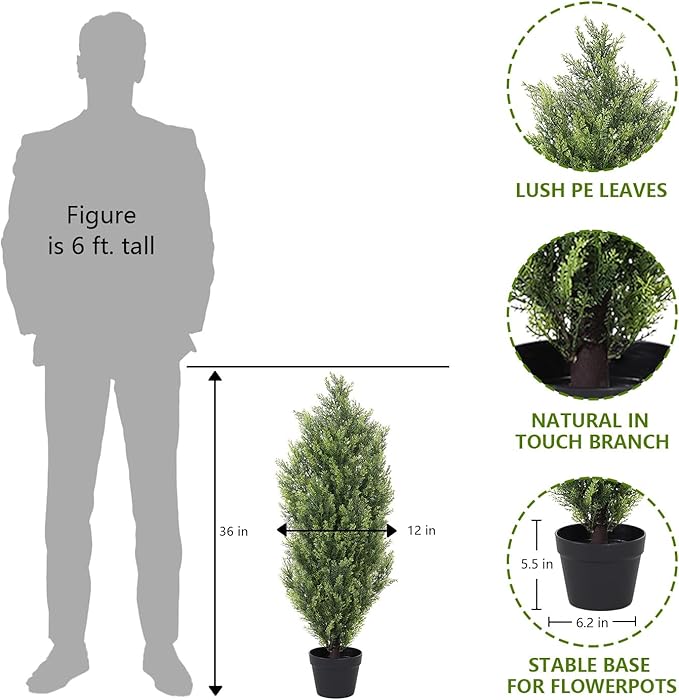 THE BLOOM TIMES 3ft Topiary Trees Artificial Outdoor 2 Pack – UV Resistant Faux Cedar Pine Cypress Bushes and Shrubs, Fake Potted Plants for Front Porch Outside Planter Patio Decor, Set of 2 (3 Foot)