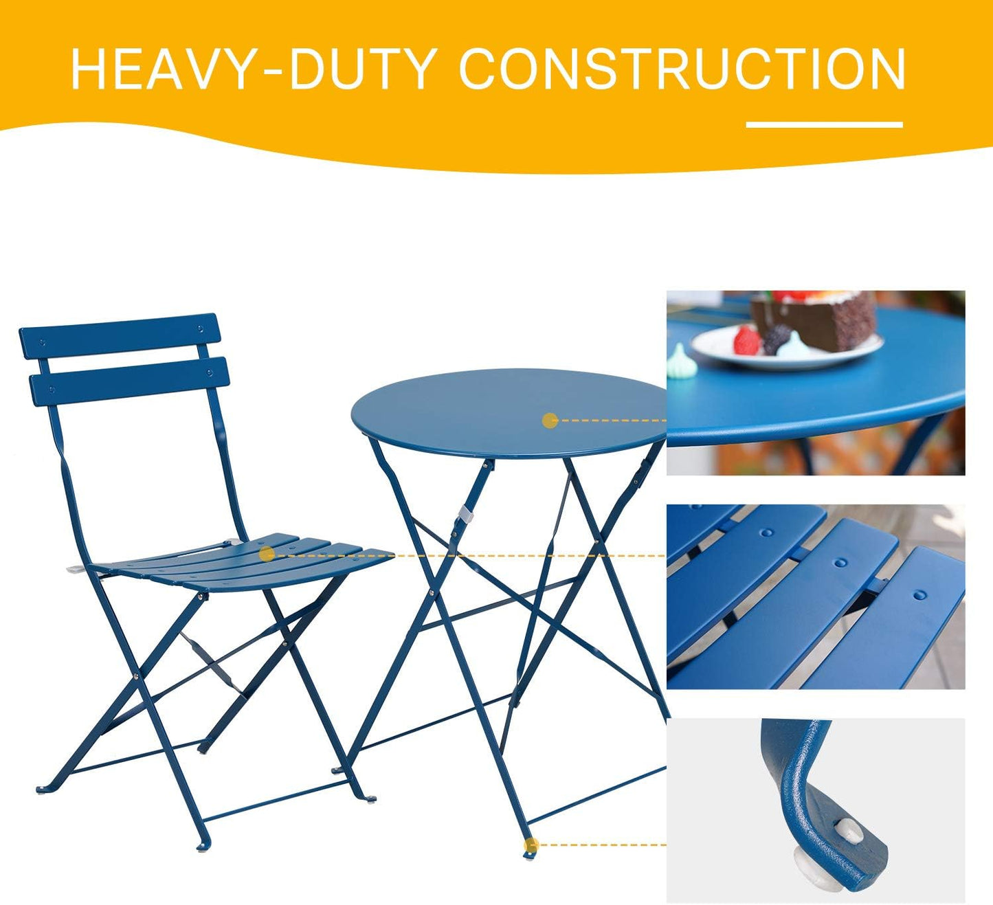 Grand patio 3-Piece Folding Bistro Set, 2 Chairs and 1 Table, Weather-Resistant Outdoor/Indoor Conversation Set for Patio, Yard, Garden -Peacock Blue