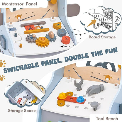 Giant bean Wooden Baby Push Walker with Activity Center – Car Traffic Theme Tool Bench Shape Sorter, Steering Wheel Gears Beads, Montessori Toy for Toddlers 1-3, Walking Push Toy Speed Adjustable