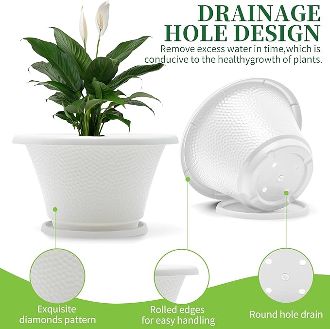 Quarut 12 Inch Plant Pot,4 Pack Large pots for Plants,Flower Pots with Drainage Hole & Saucer,Modern Planters for Indoor Outdoor Plants,Decorative Resin Garden Pots,White