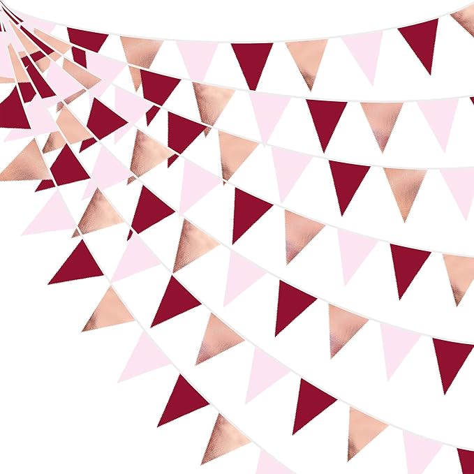 Burgundy Party Decorations Rose Gold Maroon Pink Fabric Triangle Pennant Banner Pink Garnet Flag Bunting Garland for Graduation Wedding Birthday Bridal Shower Bachelorette Anniversary Party Supplies