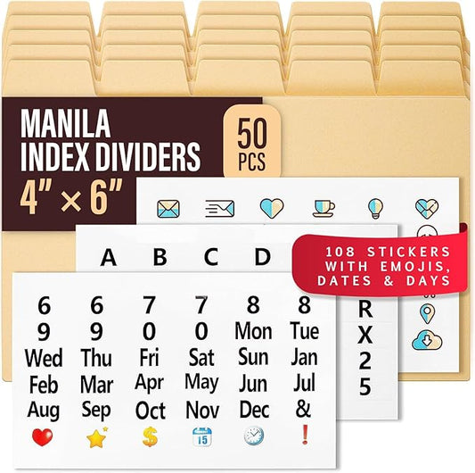 50 Heavyweight Manila Index Card Dividers with Tabs, 4x6 Blank, 108 Stickers - Monthly, Recipe & Greeting Card Dividers