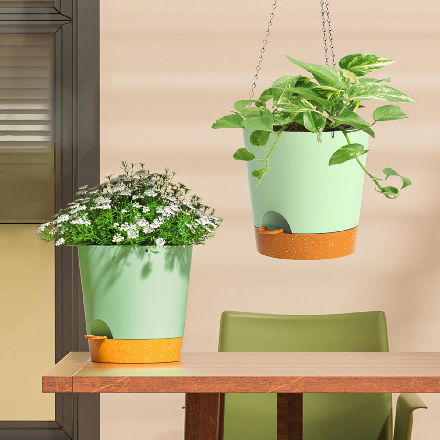 Hanging Planters for Indoor Outdoor Plants, 2 Pack Self Watering Hanging Pot with Drainage Holes and Plant Hangers, Hanging Baskets Flower Pots for Home Garden Decor (Green, 8 inch)