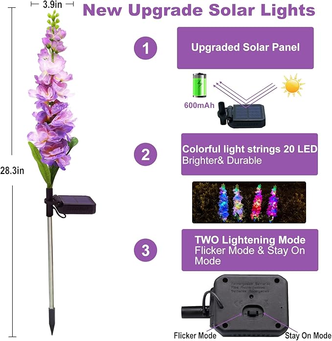 Solar Garden Lights, 6 Pack 20 LEDs Solar Delphinium Flowers Lights Gifts for Mom Grandma Women, Waterproof Solar Outdoor Lights Two Lighting Modes for Wedding Garden Yard Patio Decor
