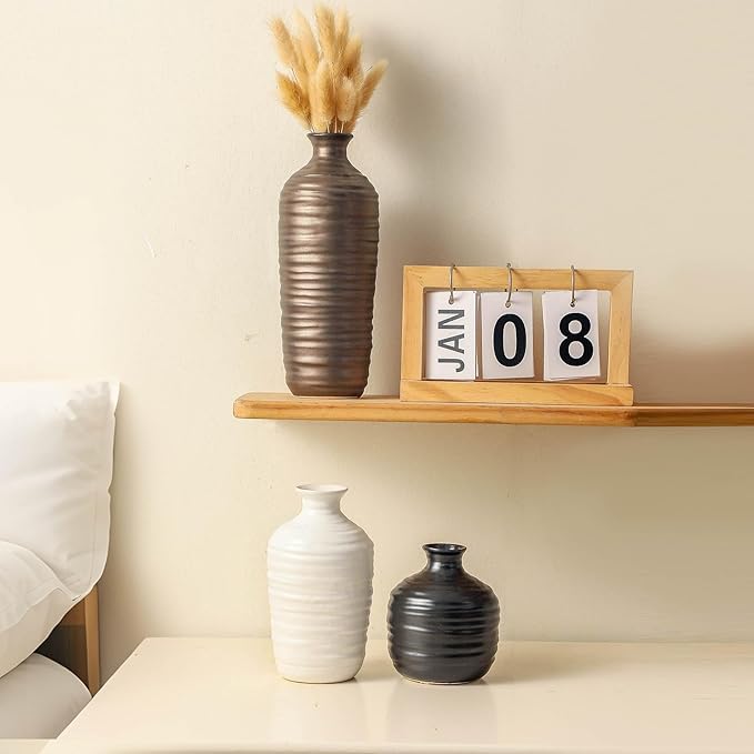 Ceramic Vase Set of 3 Neutral Decorative Vase for Farmhouse, Boho, or Rustic Home Decor Pottery Vases for Living Room Bathroom Table Mantel Fireplace Entryway Shelf (01-Metallic)
