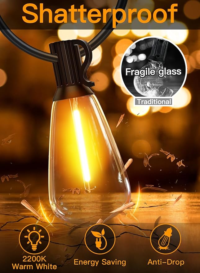 Ollny Outdoor String Lights 120FT with 60+2 Spare ST38 Vintage Bulbs, Shatterproof Connectable Patio Lights, 2200K Warm White Waterproof Outside Hanging Light for Yard Camping Gazebo Porch Balcony