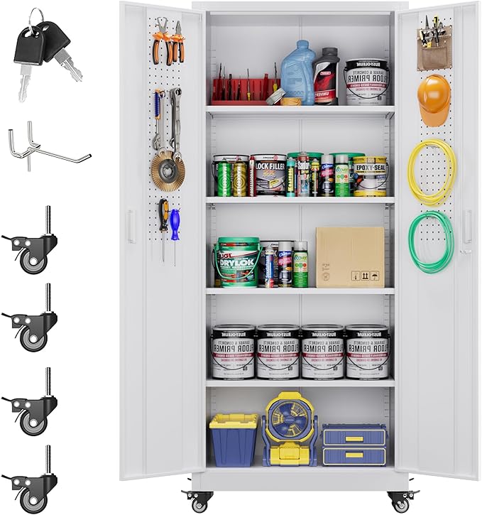 73" H Metal Storage Cabinet with Wheels, Pegboard and 4 Hooks, Garage Storage Cabinet with 4 Adjustable Shelves and 2 Lockable Doors for Garage Home Office, Basement, Assembly Required, White