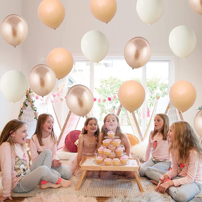 FEYG 50PCS Beige Balloons, 12 Inch, Cream, Nude, Sand, White, Metallic Gold, with Ribbons for Baby Shower, Birthday, Theme Party Decorations