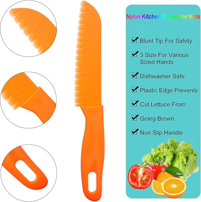 6 Pieces Plastic Kid Kitchen Knife Set, Reusable Nylon Chef Knife Children's Safe Cooking Knives for Baking, Fruit, Bread, Cake, Lettuce Knife, Salad Knife