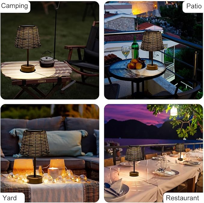 Solar Rattan Woven Desk Lamp, Outdoor Table Lamps for Patio, Garden, Bedroom, Living Room (Black)