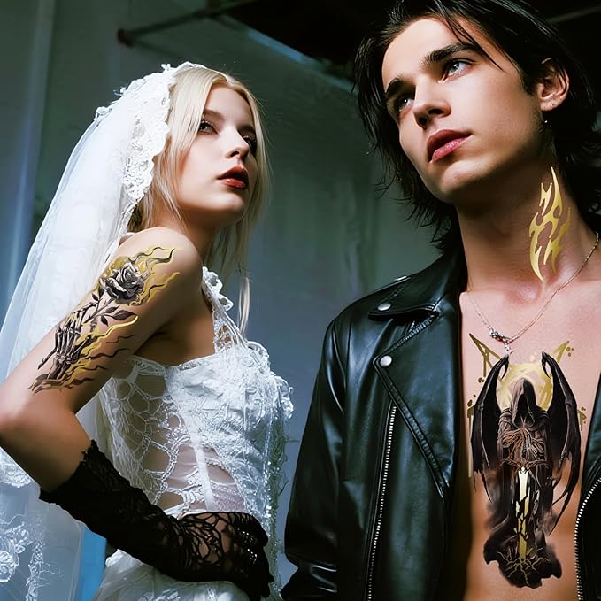 42 Sheets Metallic Gothic Temporary Tattoo for Women Men, 12 Half Arm Golden Skull Cat Floral Fake Tattoos, 30 Black Glitter Rose Butterfly Spider Halloween Tiny Adult Kid Body Tattoos Stickers