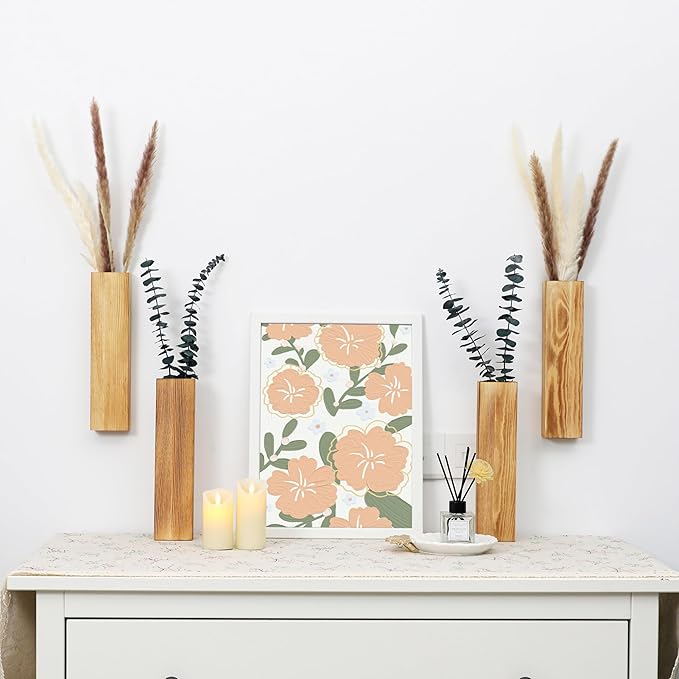 Wood Wall Planter 4 Pack Wall Decor for Artificial Flower Plants Wooden Plants Holders Wall Plant Pocket Vase Hanging for Living Room Bedroom Dining Room Bathroom Indoor Decroation (Light Brown)